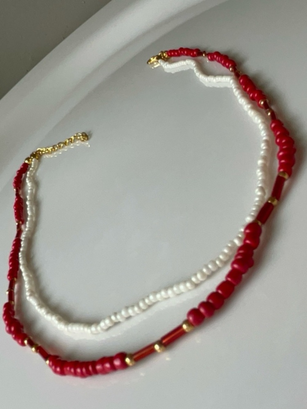 NEW Elegant Red and White Beaded Layered Necklace